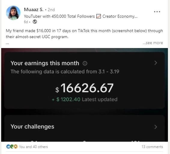 У ТикТока есть программа монетизации, о которой реже всего слышно — TikTok Creative Challenge.
По сути, это UGC-платформа внутри ТикТока | Сетка — новая социальная сеть от hh.ru