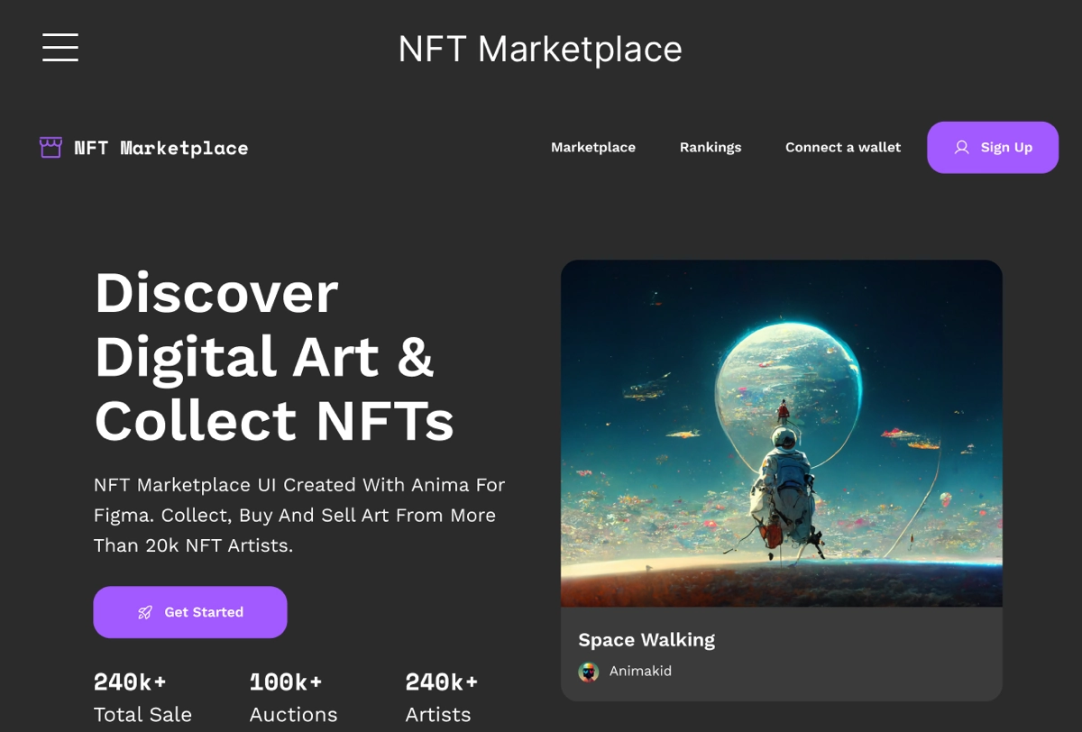 NFT Marketplace
Лендинг маркетплейса NFT
→ Жанр: #MultiPage
→ Сложность: #сложный
→ Язык: #EN
→ Адаптив: Есть
Ссылка на макет:  https://www.figma | Сетка — новая социальная сеть от hh.ru