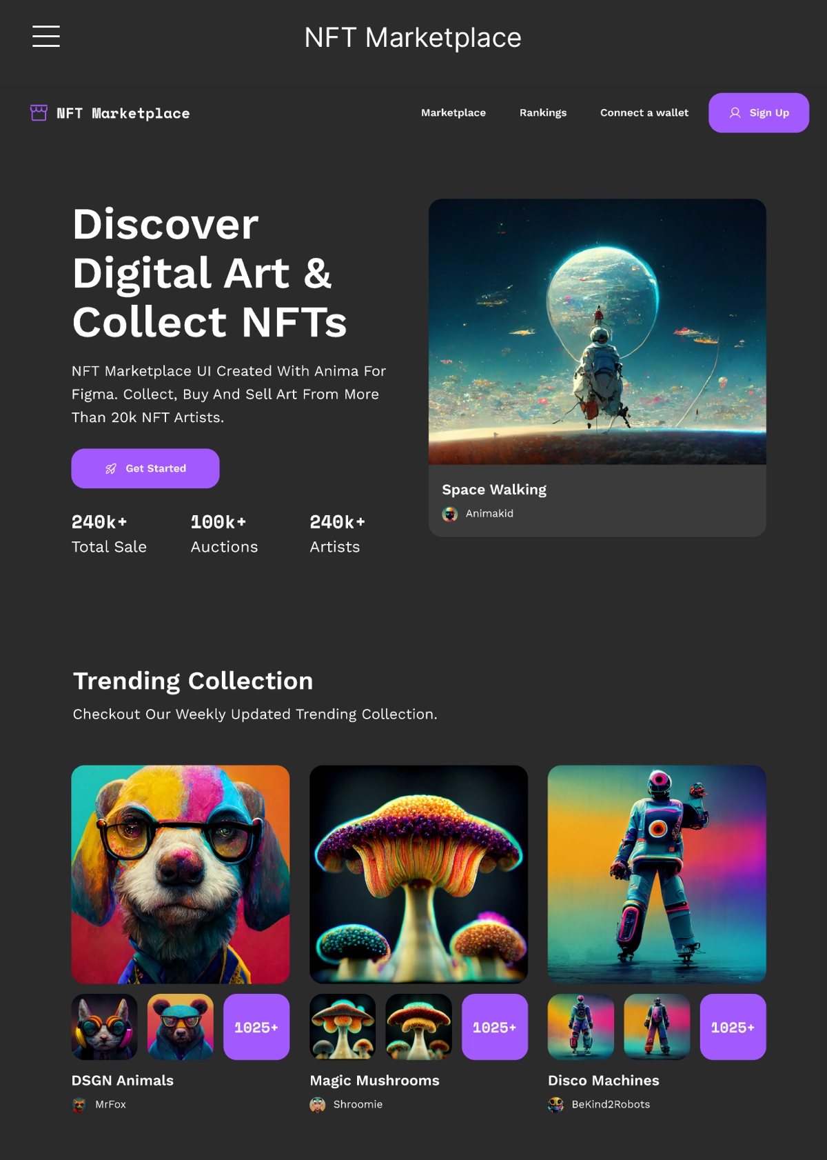 NFT Marketplace
Лендинг маркетплейса NFT
→ Жанр: #MultiPage
→ Сложность: #сложный
→ Язык: #EN
→ Адаптив: Есть
Ссылка на макет:  https://www.figma | Сетка — новая социальная сеть от hh.ru