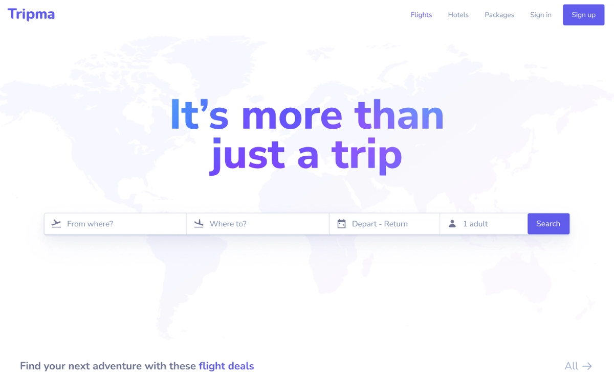 Tripma
Сайт бронирования авиабилетов
→ Жанр: #MultiPage
→ Сложность: #нереальный
→ Язык: #EN
→ Адаптив: Нет
Ссылка на макет: https://www.figma | Сетка — новая социальная сеть от hh.ru