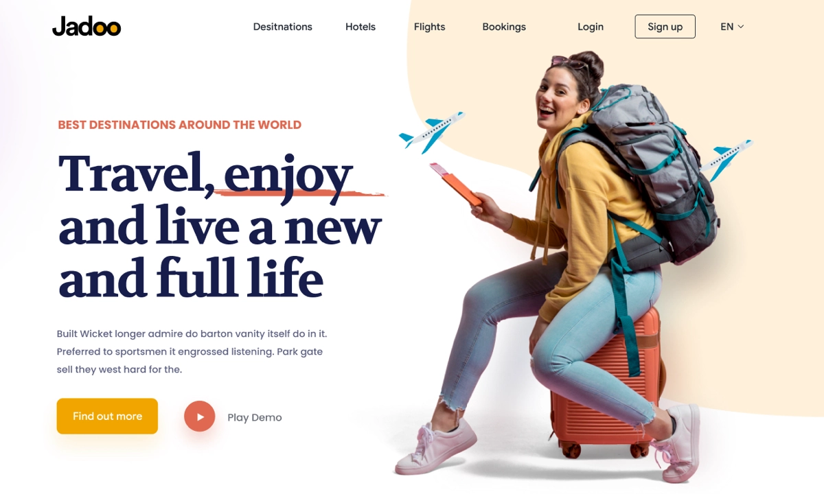 Jadoo
Лендинг туристического агентства
→ Жанр: #LandingPage
→ Сложность: #легкий
→ Язык: #EN
→ Адаптив: Нет
Ссылка на макет: https://www.figma | Сетка — новая социальная сеть от hh.ru