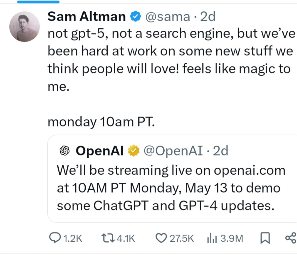 Сегодня долгожданная презентация весенних обновлений от OpenAI -в этот раз без поискового движка и gpt5, может ассистент Magic (которого тизерил Альтман)?
https://openai | Сетка — новая социальная сеть от hh.ru