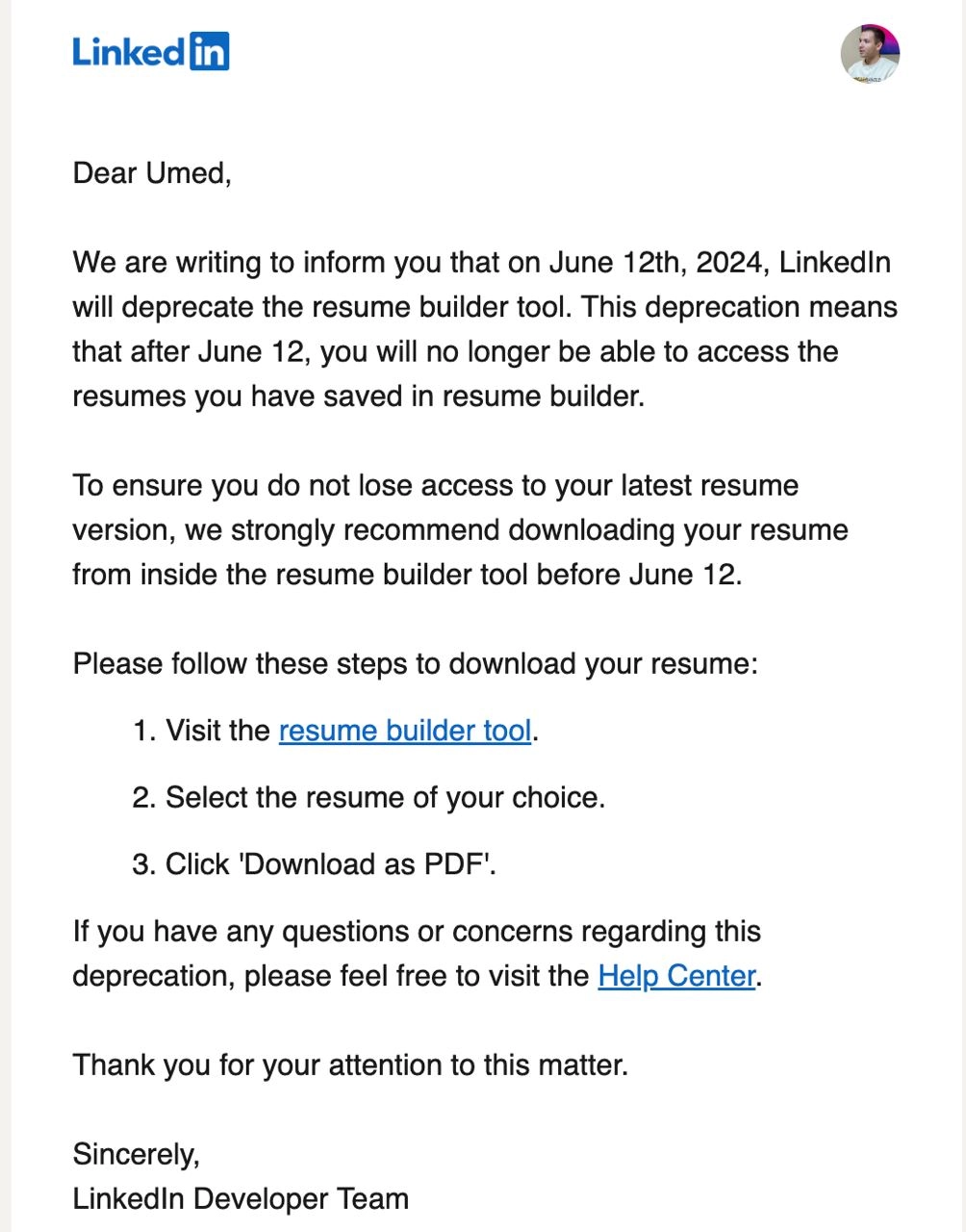 LinkedIn прекращает поддержку инструмента создания резюме. 
Успейте выгрузить свои резюме 👌 и сконнектитесь со мной: https://www.linkedin.com/in/umedrahimoff/
@umedschannel | Сетка — новая социальная сеть от hh.ru