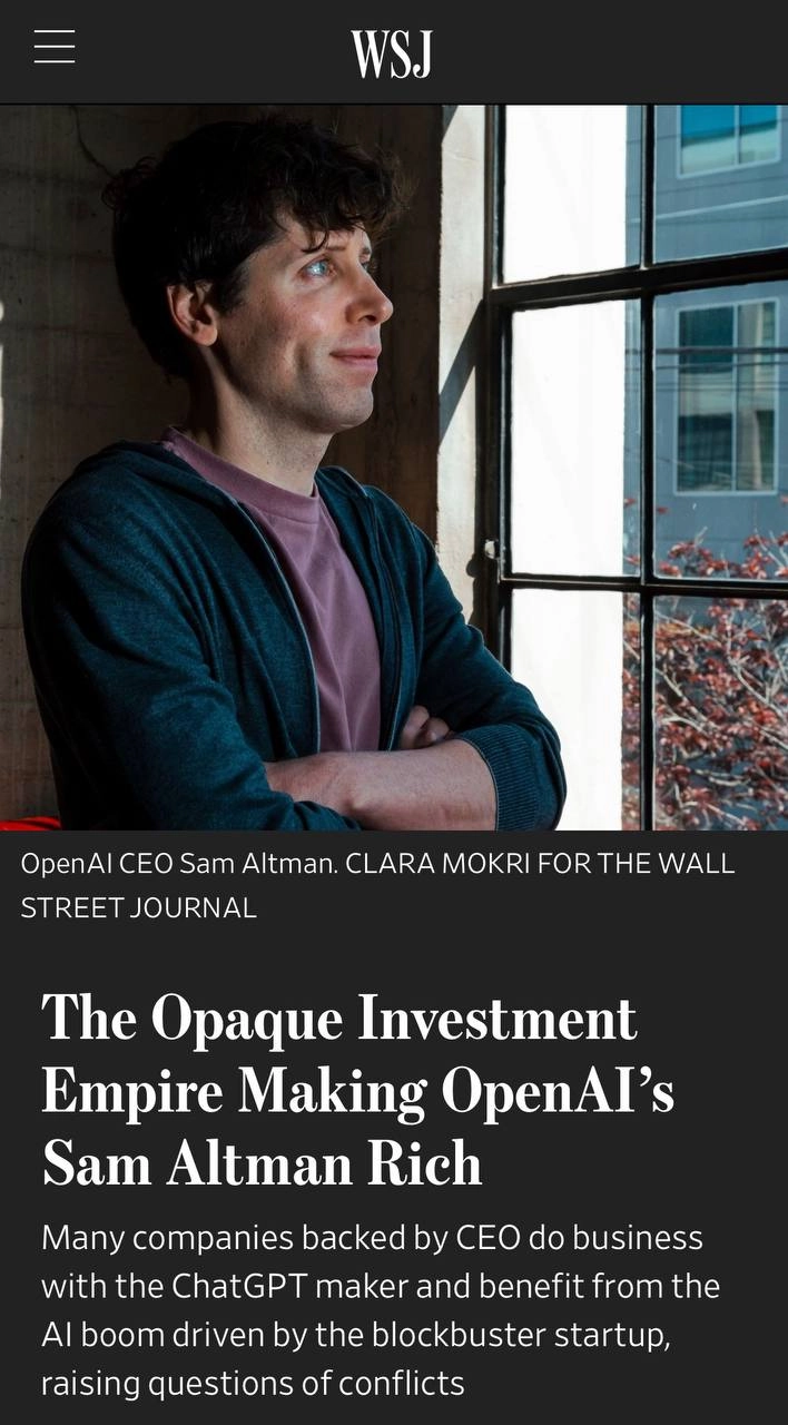 Wall Street Journal раскрыл зарплату Сэма Альтмана в OpenAI. Создатель ChatGPT зарабатывает $65 тысяч в год, или 5,8 миллионов рублей.
По меркам бизнесменов с Патриков — нищета.
🍕зумеры любят пиццу? | Сетка — новая социальная сеть от hh.ru