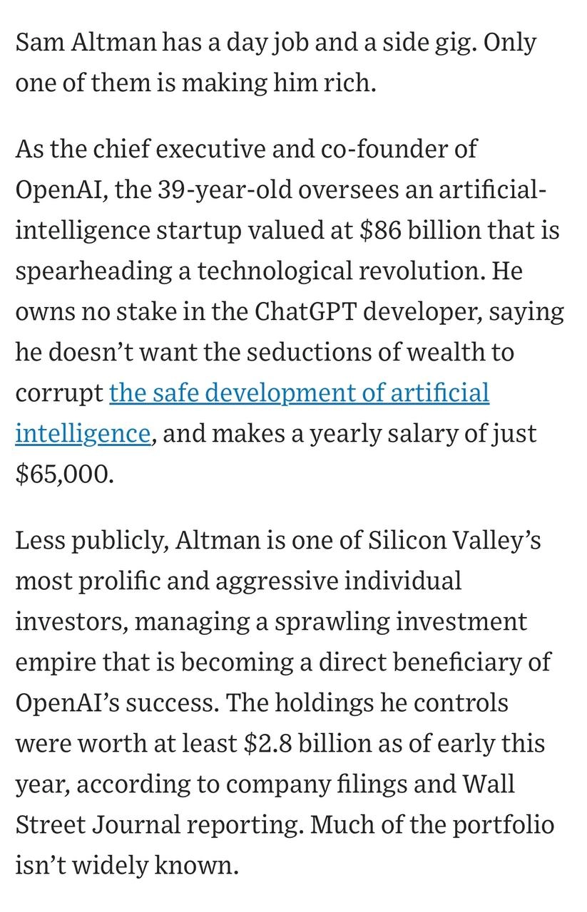 Wall Street Journal раскрыл зарплату Сэма Альтмана в OpenAI. Создатель ChatGPT зарабатывает $65 тысяч в год, или 5,8 миллионов рублей.
По меркам бизнесменов с Патриков — нищета.
🍕зумеры любят пиццу? | Сетка — новая социальная сеть от hh.ru
