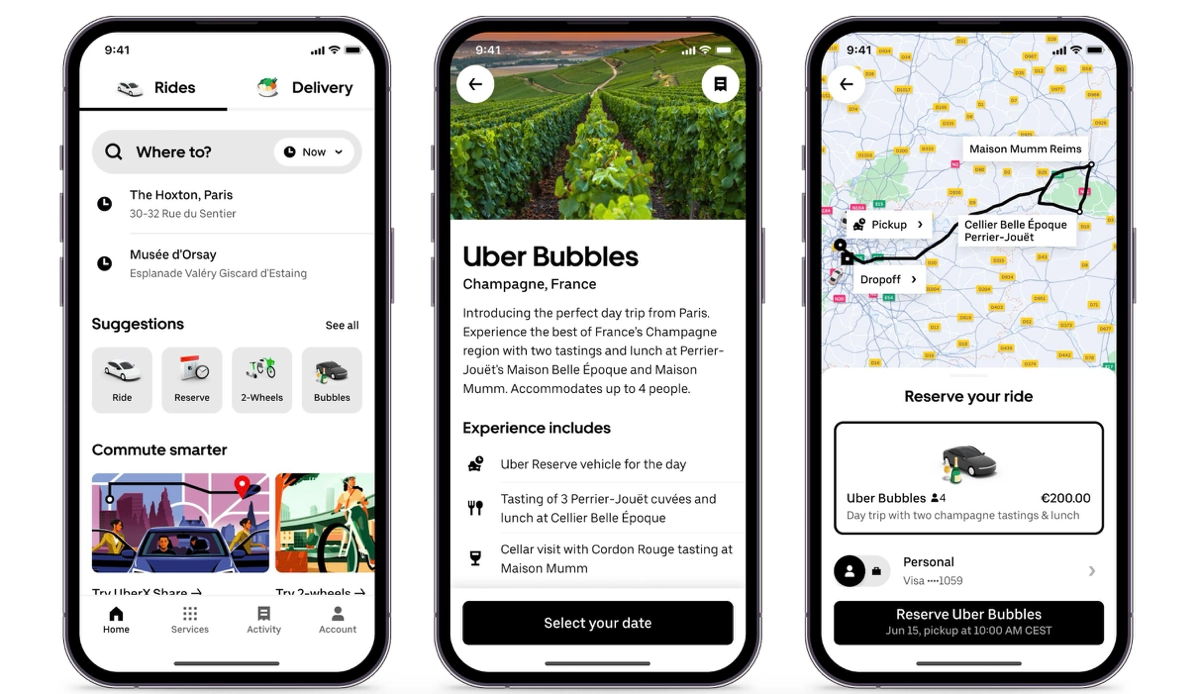 Uber запустили в Париже новый experience-продукт - Uber Bubbles! Это поездка почти на весь день на Тесле по намоленным у любителей шампанского местам - домам Perrier-Jouët и G.H. Mumm | Сетка — новая социальная сеть от hh.ru
