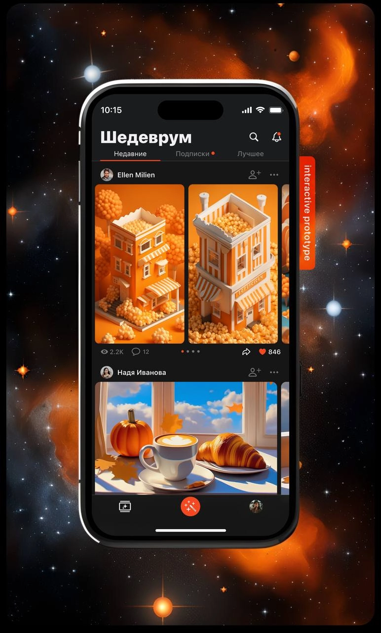 Шедеврум редизайн✨
Сделала демо-версию редизайна для любимого приложения 😜🧡 
Новые форматы, возможности генерации и персонализация профиля для нейрохудожников :)
А еще кликабельный прототип, который м... | Сетка — новая социальная сеть от hh.ru