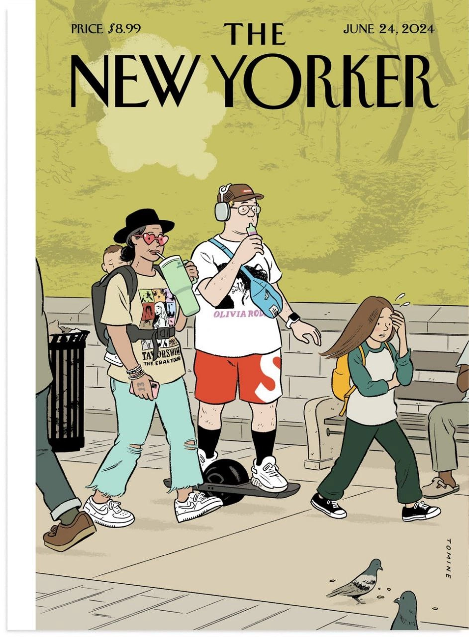 Журнал New Yorker в новом выпуске троллит миллениалов, которые отказываются стареть и активно пользуются тиктокерскими термосами, курят вейпы, гоняют на моноколёсах и пытаются использовать молодёжный ... | Сетка — новая социальная сеть от hh.ru