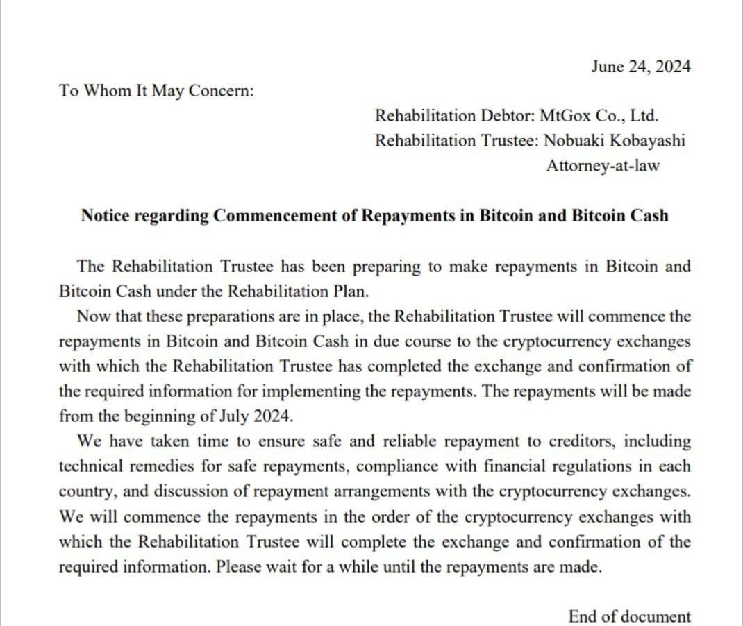 Mt.Gox объявляет о выплате биткойнов и Bitcoin Cash в июле 2024 года! 
Mt.Gox объявила о планах начать выплаты кредиторам в #BITCOIN и Bitcoin Cash с июля 2024 года | Сетка — новая социальная сеть от hh.ru
