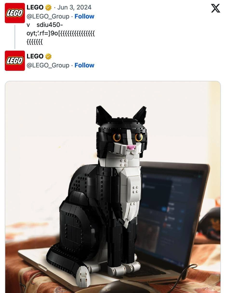 В начале месяца Lego абсолютно гениально 
анонсировали в X (ex.Twitter) набор конструктора-кота | Сетка — новая социальная сеть от hh.ru