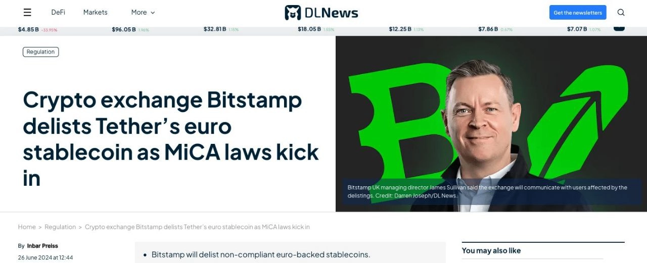 Торговые площадки продолжают выдавливать Tether с европейского рынка. 
На этот раз криптобиржа #Bitstamp объявила о делистинге стейблкоина #EURT в ЕС 30 июня. То есть уже через 4 дня. Сообщает #DLNews | Сетка — новая социальная сеть от hh.ru