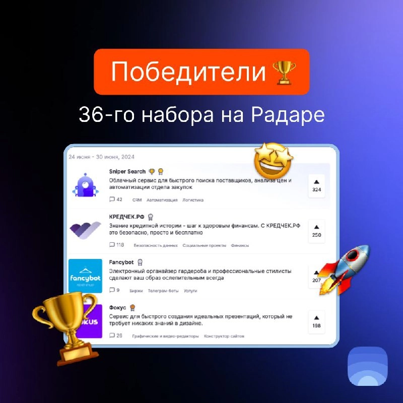 Победители прошлой недели на Радаре / 36 набор
🥇Sniper Search
Облачный сервис для быстрого поиска поставщиков, анализа цен и автоматизации отдела закупок
🥈КРЕДЧЕК | Сетка — новая социальная сеть от hh.ru