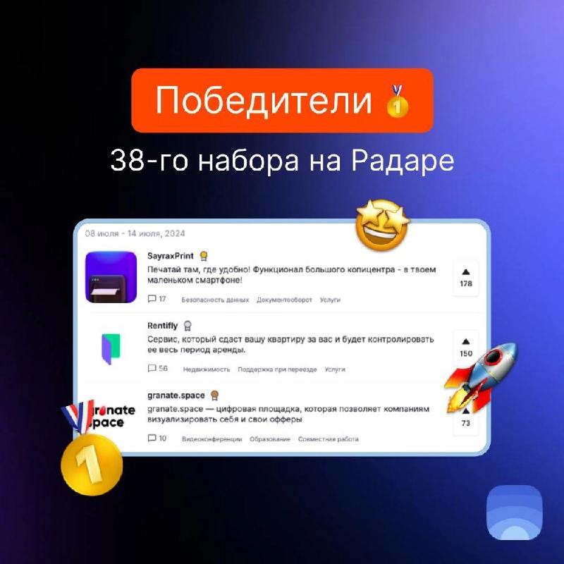 Победители прошлой недели на Радаре
38-й набор
🥇SayraxPrint
Печатай там, где удобно! Функционал большого копицентра – в твоем маленьком смартфоне!
🥈Rentifly
Сервис, который сдаст вашу квартиру за вас ... | Сетка — новая социальная сеть от hh.ru