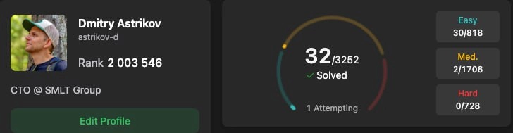 Прогресс на Leetcode за неделю 🙂
1% пройден, осталось еще 99 😄
Стараюсь решать задачки каждый день, но, к сожалению, с этим пока есть проблемы | Сетка — новая социальная сеть от hh.ru