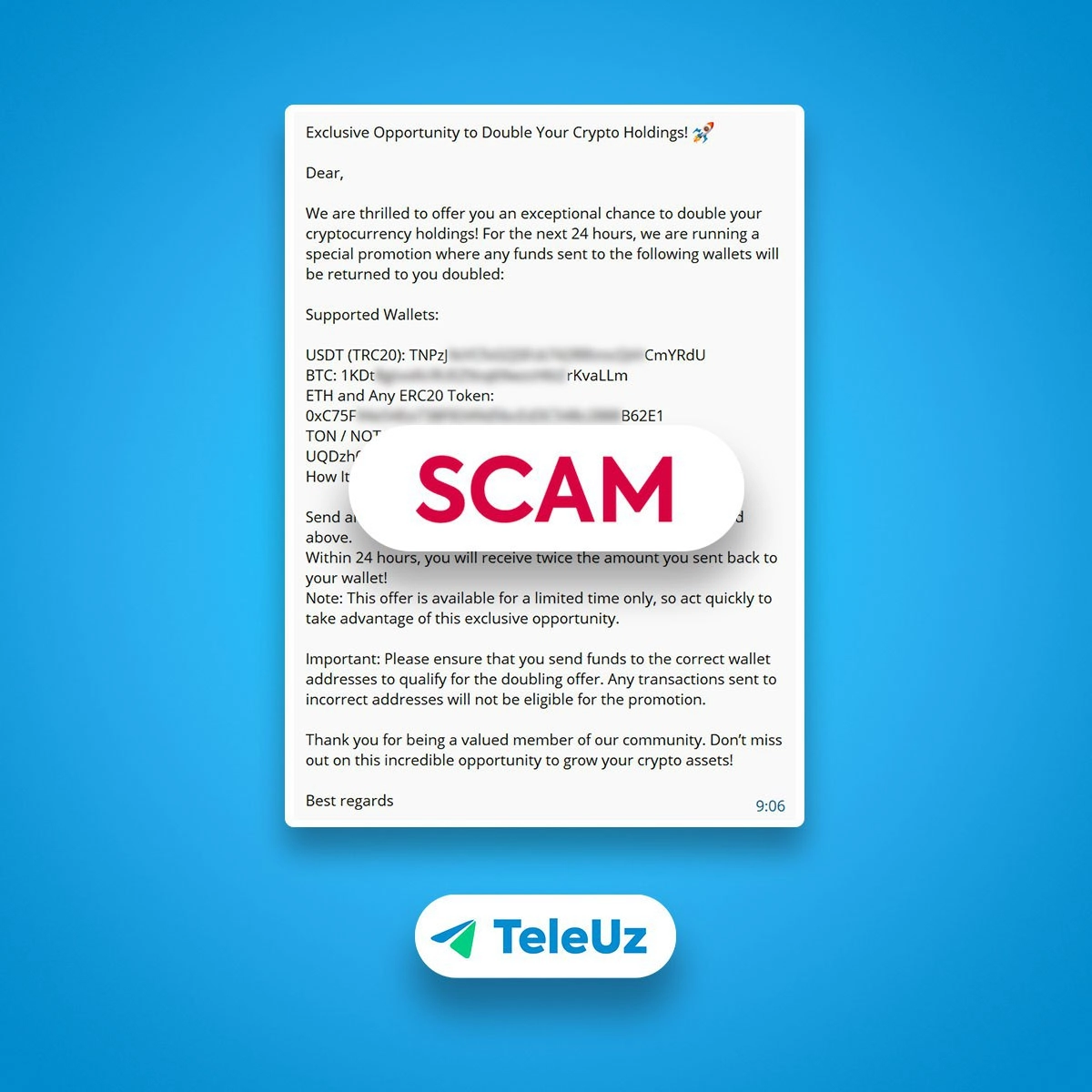 ⛔️ Осторожно: мошенничество от Wallet Support TeamПользователям кошелька в Telegram @wallet распространяется спам-рассылка от верифицированного аккаунта службы поддержки @walletsupportbot, ведущая на ... | Сетка — новая социальная сеть от hh.ru
