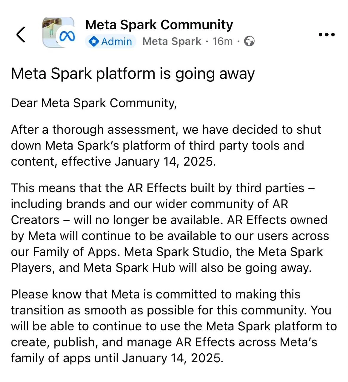 Очень неожиданно, но экстремистская организация Meta закрывает Spark, сервис для создания AR-масок в Stories
Судя из письма, 14 января мы попрощаемся со всеми масками, которые делали сторонние авторы | Сетка — новая социальная сеть от hh.ru