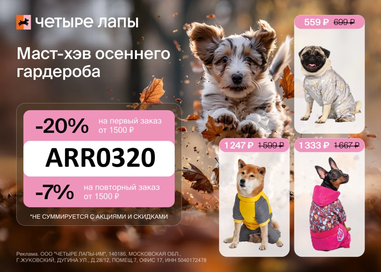 Скидка до 20% в Четыре Лапы 🐾
Промокод ARR0320 дает скидку 20% на первый заказ и 7% на повторный заказ от 1500₽
Скидка не суммируется с другими акциями и скидками*
Действует до 30 | Сетка — новая социальная сеть от hh.ru