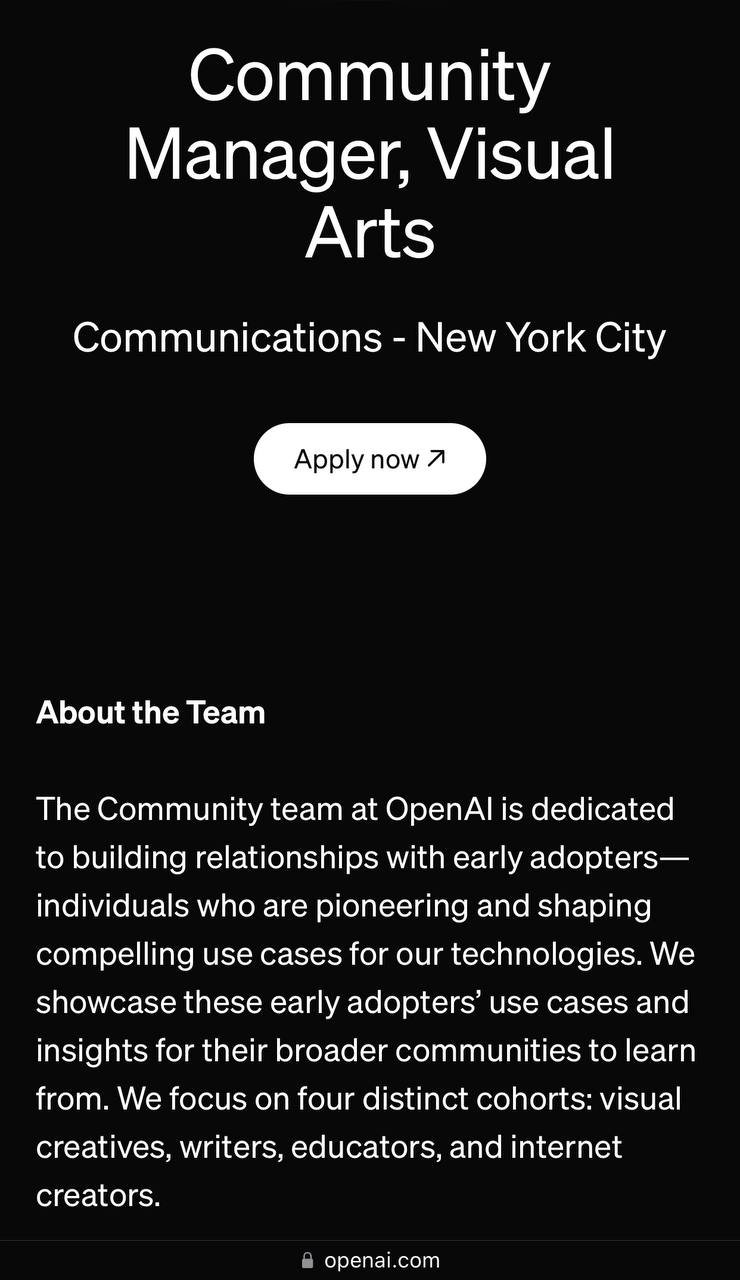 OpenAI решили строить собственное комьюнити художников (и, скорее всего, не только художников) — открыли свою первую вакансию для комьюнити менеджера | Сетка — новая социальная сеть от hh.ru