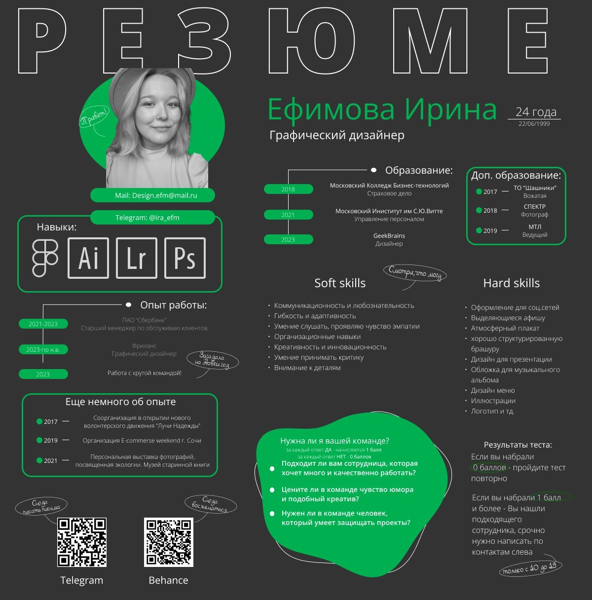 Добрый день! Меня зовут Ирина и я графический дизайнер, допом обучаюсь на цифрового дизайнера в GEEKBRAINS. На данный момент ищу постоянную работу в городе Москва!
 Мое резюме с портфолио ниже | Сетка — новая социальная сеть от hh.ru