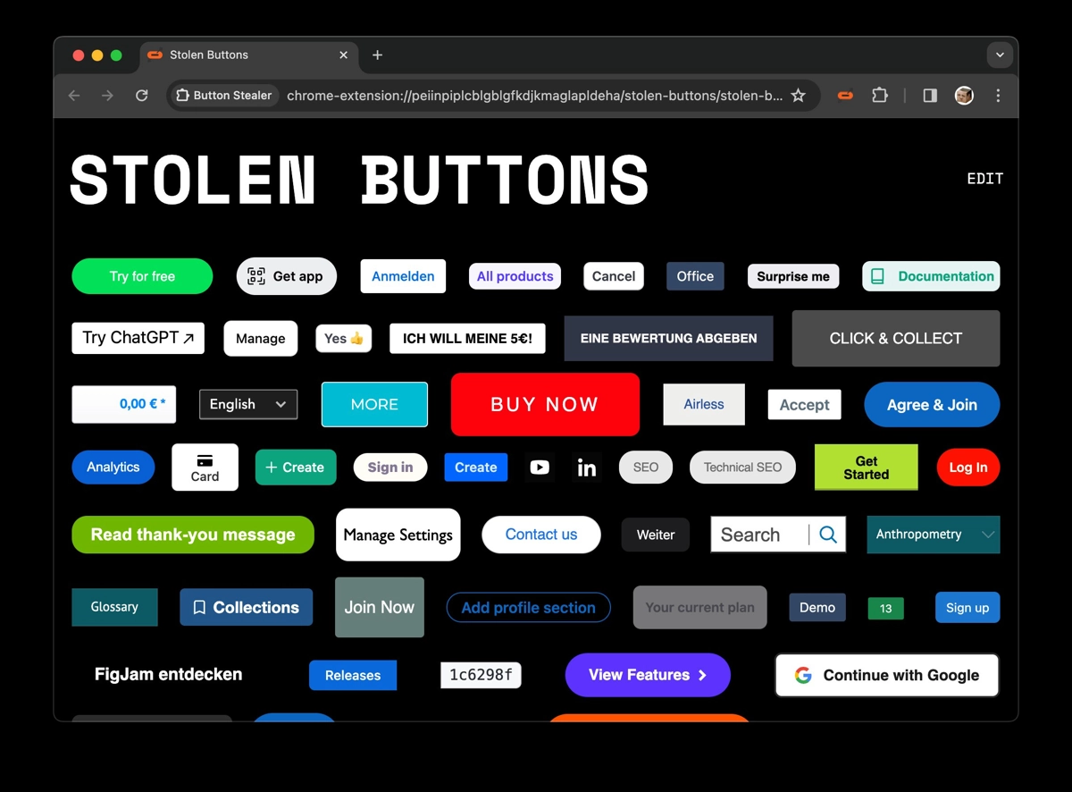 Button Stealer — забавное браузерное расширение, которое автоматически «коллекционирует» кнопки со всех сайтов, которые вы посещали
Архив кнопок можно смотреть на специальной странице расширения
Досту... | Сетка — новая социальная сеть от hh.ru