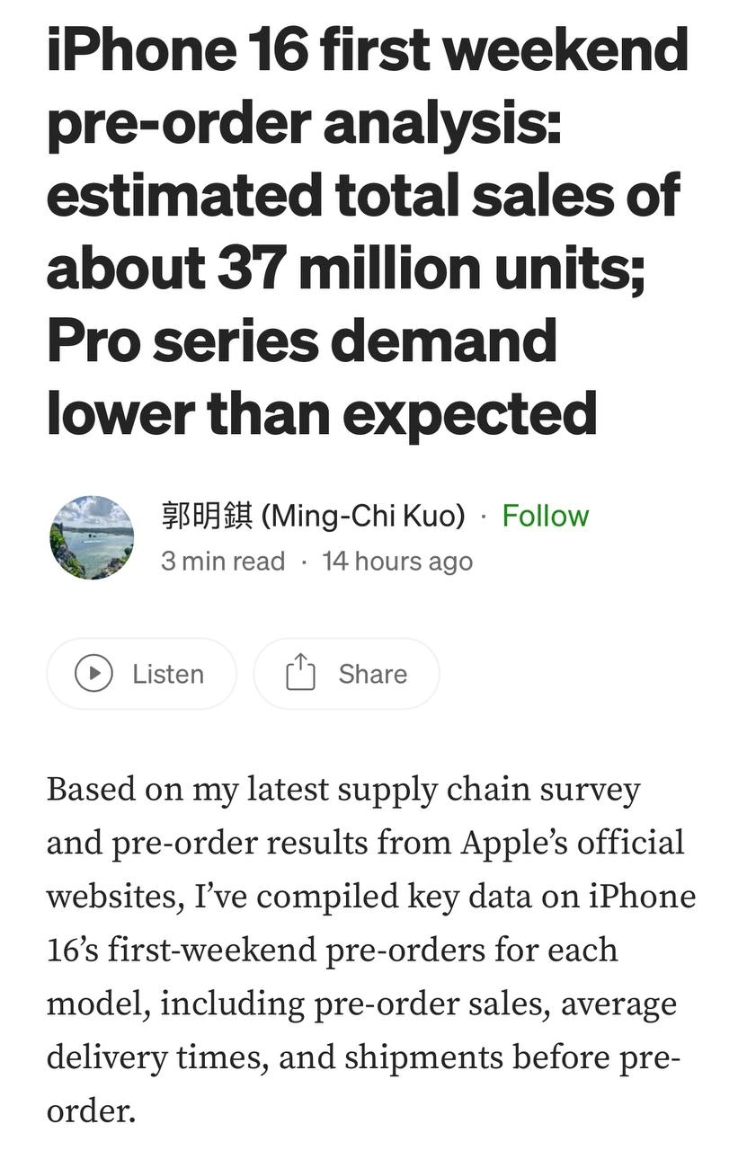 Предзаказы iPhone 16 не оправдали ожиданий Apple. За первый уикенд компания продала 37 млн смартфонов, что на 12% меньше, чем в прошлом году | Сетка — новая социальная сеть от hh.ru