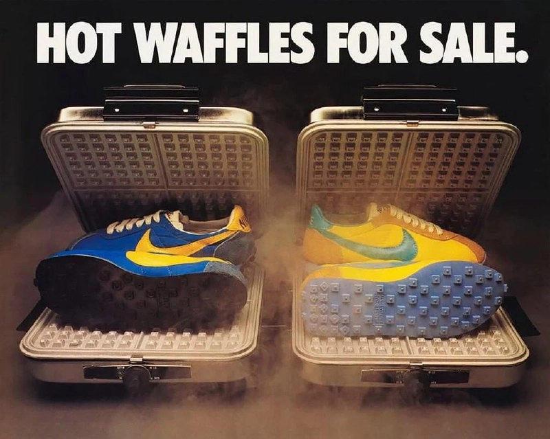 Неочевидно, но факт: 
Первые беговые кроссовки Nike были придуманы на кухне 1972 году, а подошва отлита в вафельнице и назывались они Waffle Trainer | Сетка — новая социальная сеть от hh.ru