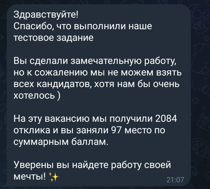 Погружаюсь в backend и frontend разработку и не забываю и про QA, всегда ищу возможности делать тестовые задания. Где кстати из 2084 человек я занял 97 место, не плохо но можно и лучше | Сетка — новая социальная сеть от hh.ru