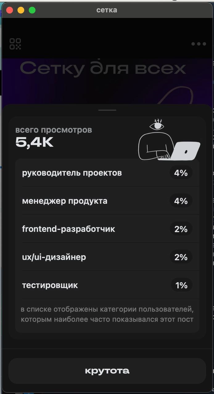 В Телеграме одни боты и сантехники  
Это факт крайне сложно опровергнуть. Вот есть у вас в ТГ-канале 3к аудитории. Или 30к аудитории. Или 300к аудтории. И это, в общем-то, всё что вы о ней знаете | Сетка — новая социальная сеть от hh.ru