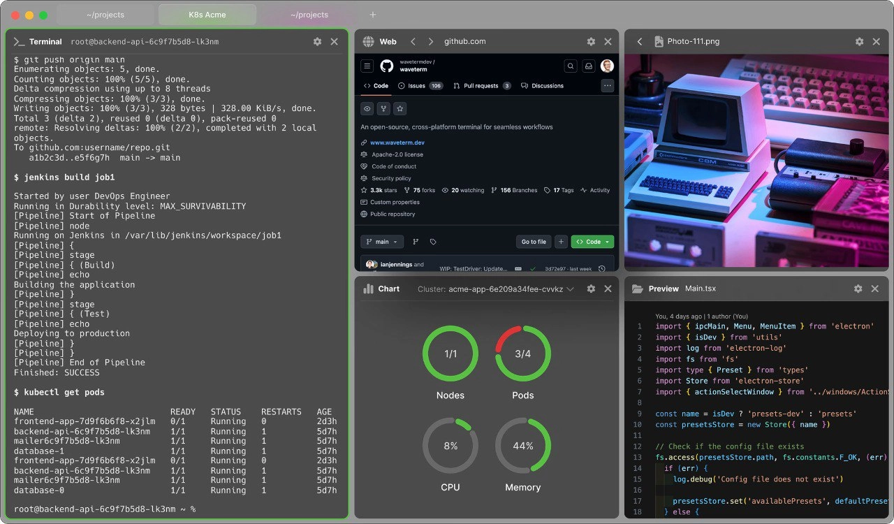 Wave is an open-source terminal that adds the ability to launch graphical widgets, controlled and integrated directly with the CLI  
https://www.waveterm.dev/  
https://github.com/wavetermdev/waveterm | Сетка — новая социальная сеть от hh.ru