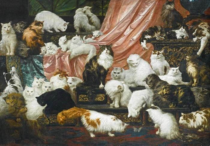 Карл Кахлер.
«Любовники моей жены».
260х180 см. Холст, масло. 1890-е. 
В 1891 году состоятельная дама и большая любительница кошек Кейт Бердсолл Джонсон решила заказать портрет своих питомцев | Сетка — новая социальная сеть от hh.ru