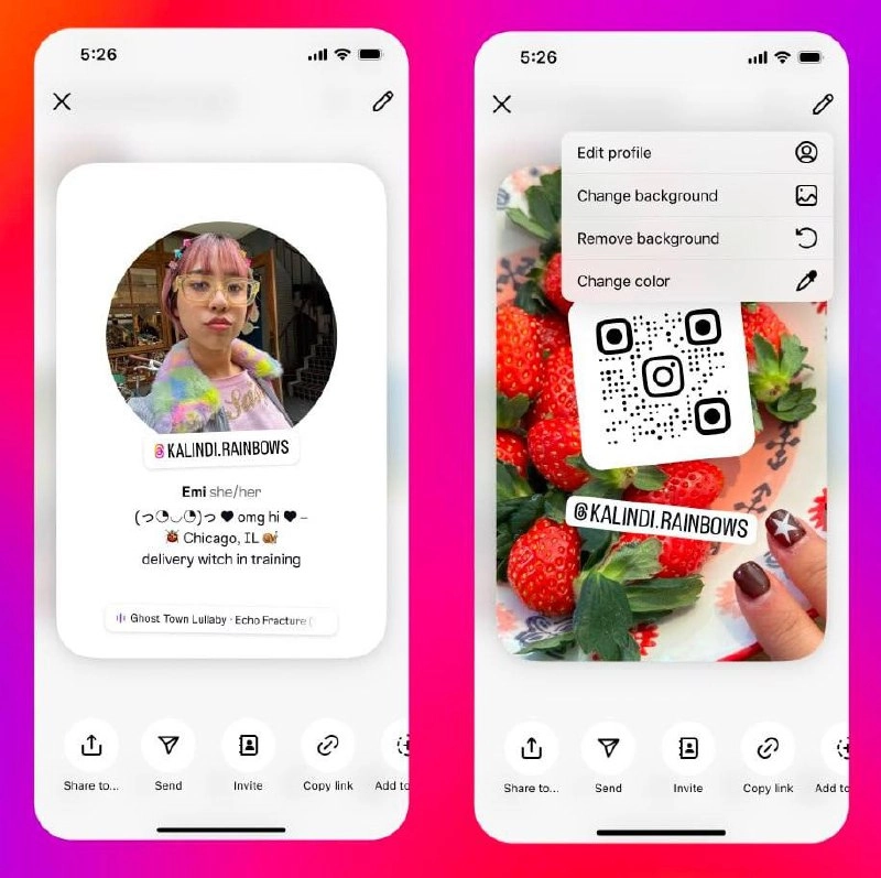 Instagram запустил цифровые визитки. 
На них изображены био, QR-код, аватар, ссылки и прослушиваемая музыка. Визитки были введены, чтобы было легче обмениваться аккаунтами | Сетка — новая социальная сеть от hh.ru