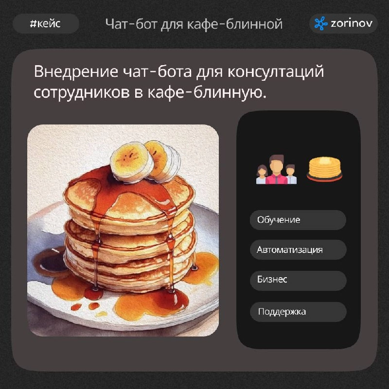 #кейс
Внедрение чат-бота для кафе-блинной. 
Проблема:
Сеть кафе столкнулась с проблемой большого количества внутренних вопросов от сотрудников и франчайзи | Сетка — новая социальная сеть от hh.ru