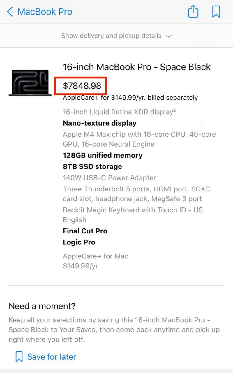 Только что представленный MacBook Pro на новом чипе M4 Max в максимальной комплектации со всеми допами стоит, пристегнитесь, почти $8000. По текущему курсу сейчас это 780 тысяч рублей | Сетка — новая социальная сеть от hh.ru
