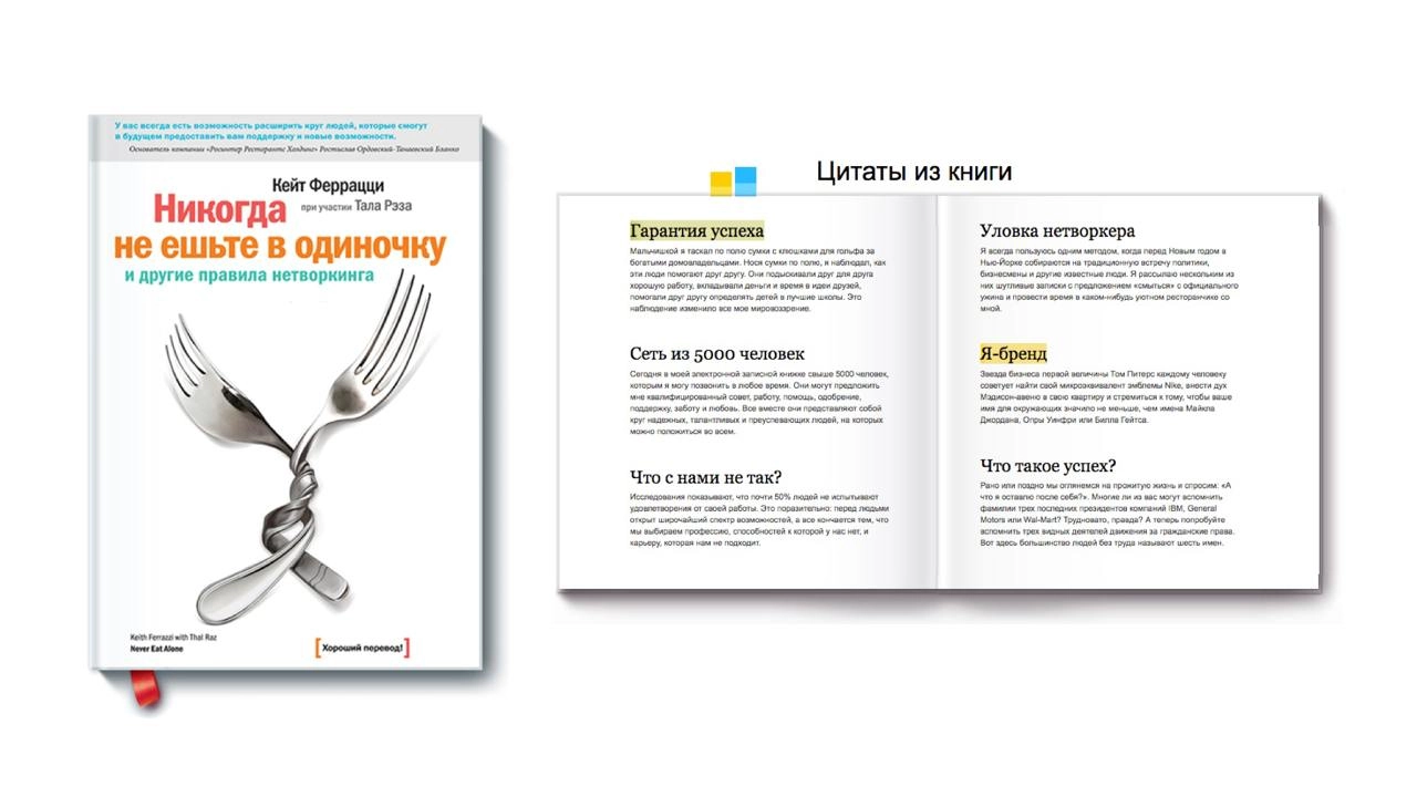Никогда не ешьте в одиночку.
Примерно в 2010 году мне в руки попалась книга «Никогда не ешьте в одиночку и другие правила нетворкинга». На обложке было два автора: Кейт Феррацци и Тал Рэз | Сетка — новая социальная сеть от hh.ru