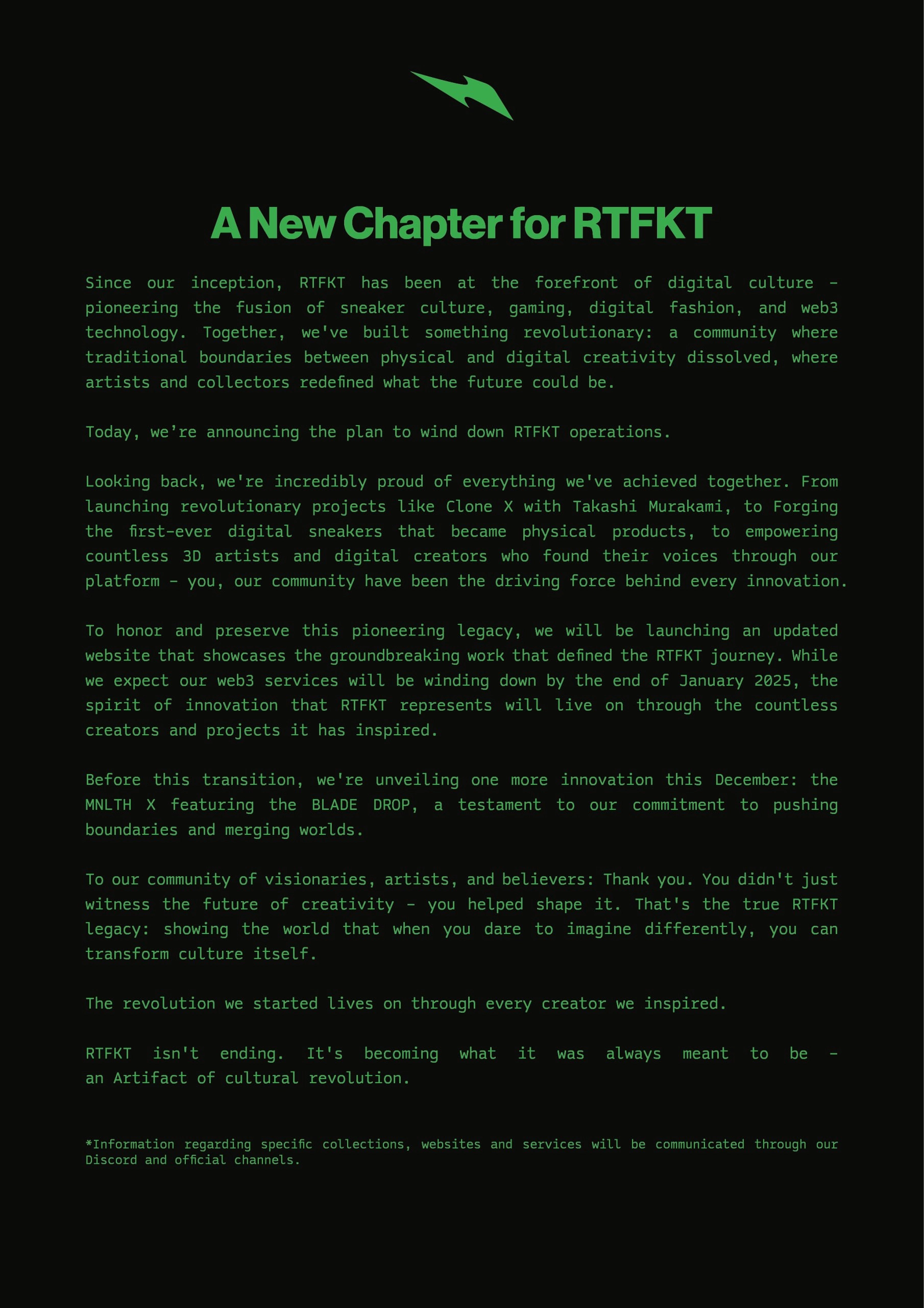 Один из популярнейших NFT-маркетплейсов RTFKT объявил о закрытии.
За кофаундеров можете не беспокоиться — в начале 2021 в них инвестировали a16z при оценке в $33 | Сетка — новая социальная сеть от hh.ru