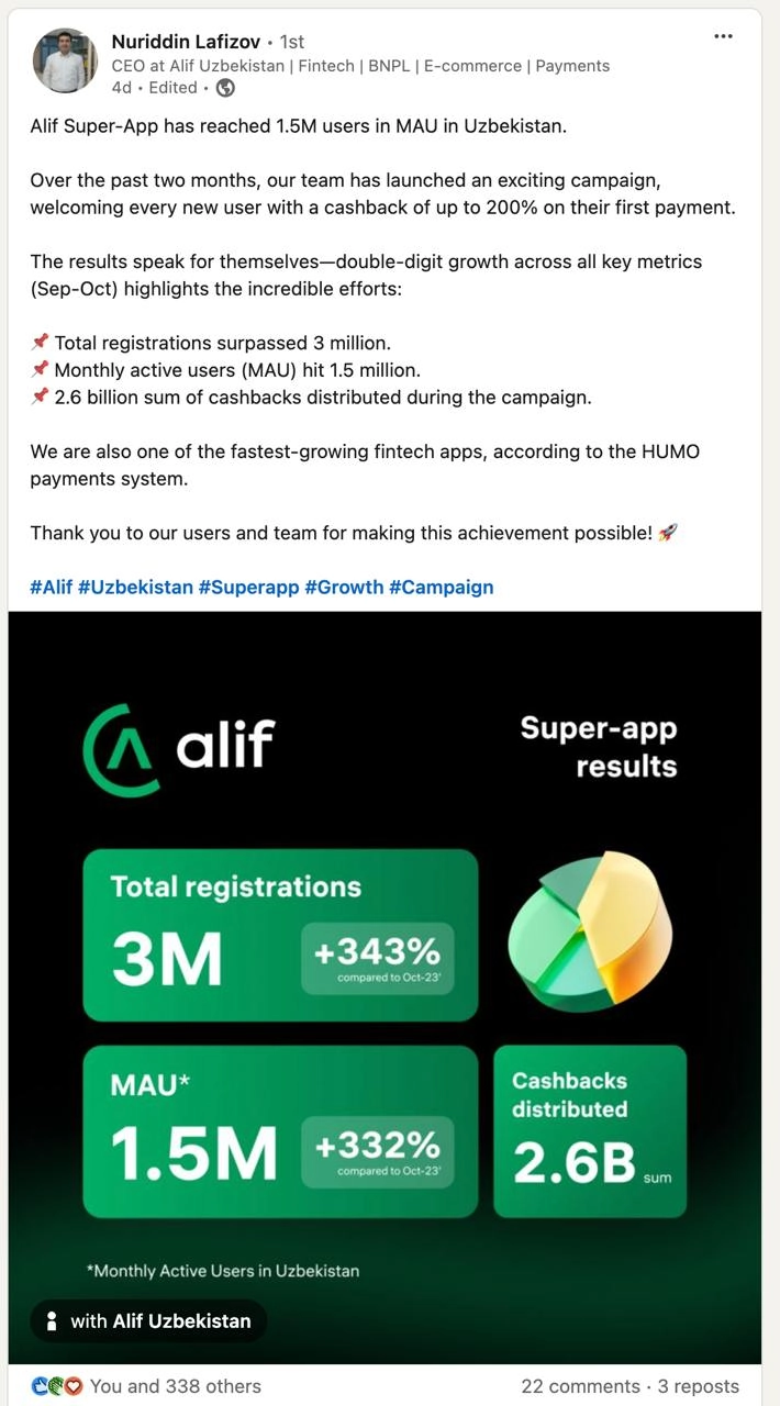 Зацените, как вырос Alif
CEO компании Нуриддин Лафизов поделился у себя в LinkedIn любопытными цифрами. 
Общее количество зарегистрированных пользователей выросло до 3 млн человек (+343%) | Сетка — новая социальная сеть от hh.ru