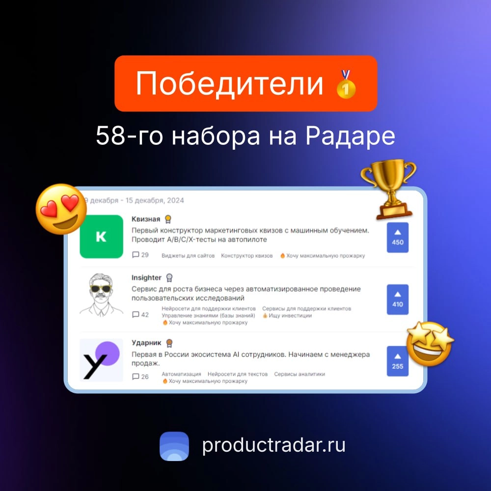 Победители прошлой недели на Радаре
58-й набор
🥇Квизная
Первый конструктор маркетинговых квизов с машинным обучением | Сетка — новая социальная сеть от hh.ru