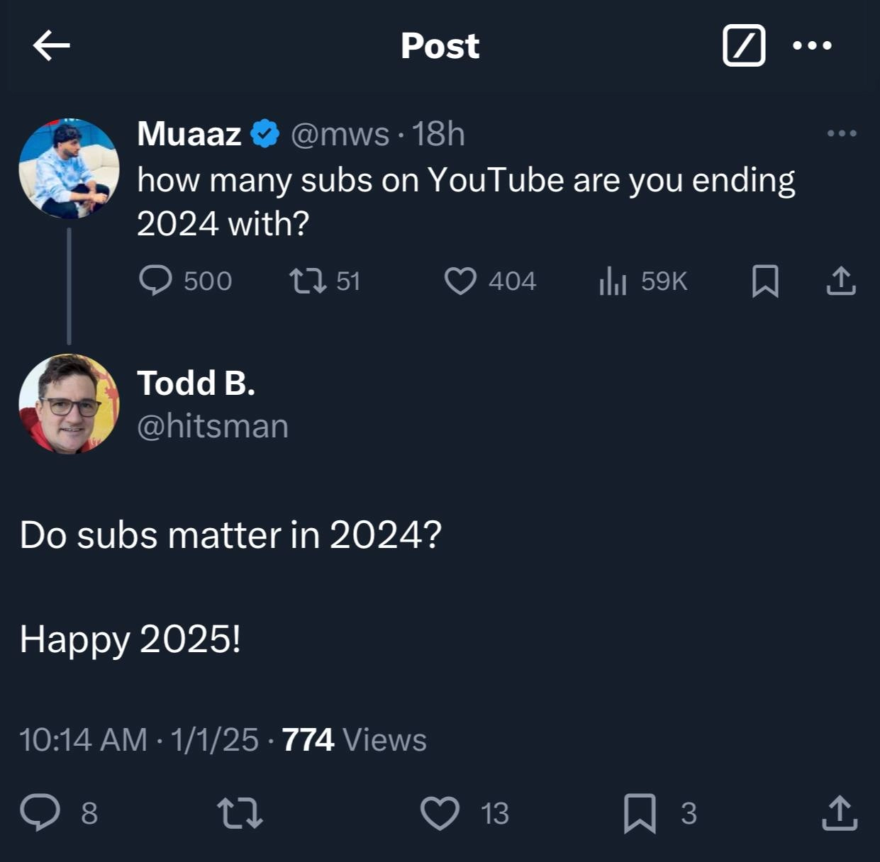 Вопрос от продакт лида YouTube под твитом YouTube-консультанта о том, сколько у вас подписчиков под конец 2024:
"А подписчики вообще имеют значение?" 😄 | Сетка — новая социальная сеть от hh.ru