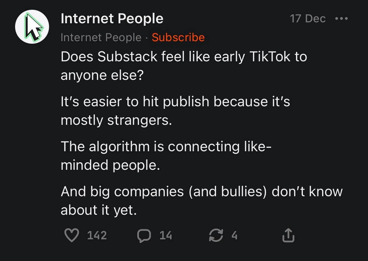 Видел тейк, что Substack сейчас напоминает Тикток на заре его популярности: никто никого не знает, алгоритм подкидывает единомышленников, а бренды еще не пришли на платформу. Все 100% так | Сетка — новая социальная сеть от hh.ru