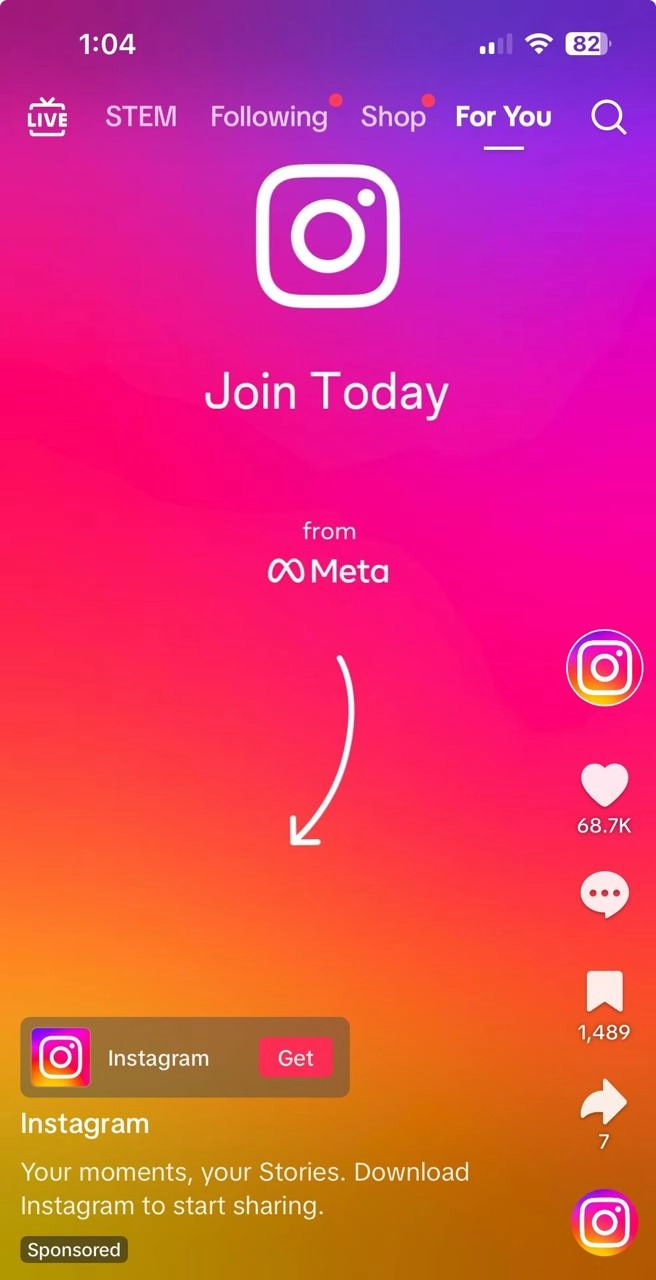 Это просто реклама экстремистской организации в TikTok, призывающая скачать Инсту и «присоединиться сегодня», запущенная в идеальном тайминге «завтра TikTok отключит сам себя в Штатах» | Сетка — новая социальная сеть от hh.ru
