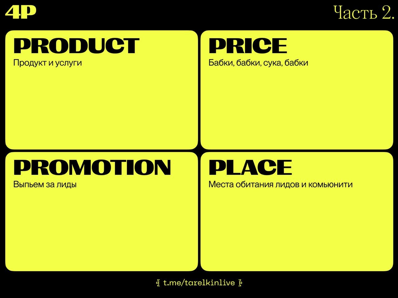 Часть 2. Декомпозиция по 4P
Строим матрицу с 4 областями — Product, Price, Promotion, Place.
➡️ Product — описываем цели по продуктовой матрице и куда будем бить | Сетка — новая социальная сеть от hh.ru