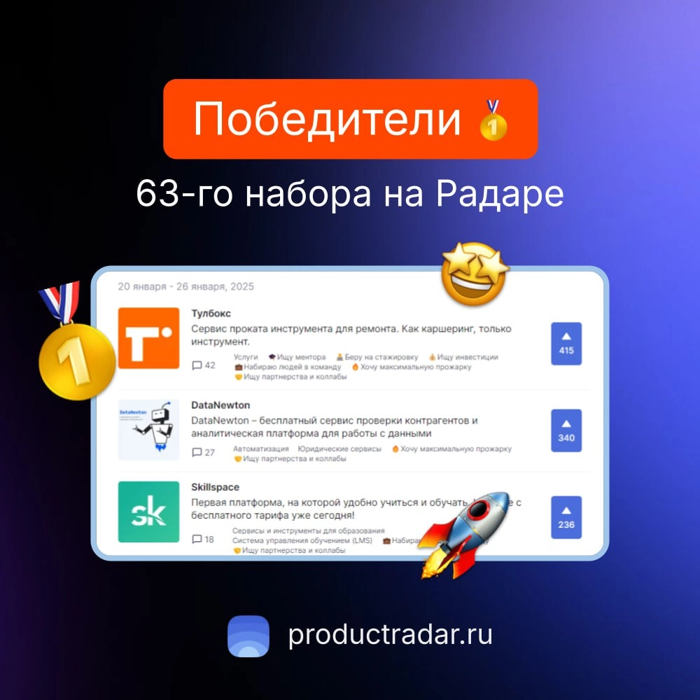 Победители прошлой недели на Радаре
63-й набор
🥇Тулбокс
Сервис проката инструмента для ремонта. Как каршеринг, только инструмент | Сетка — новая социальная сеть от hh.ru