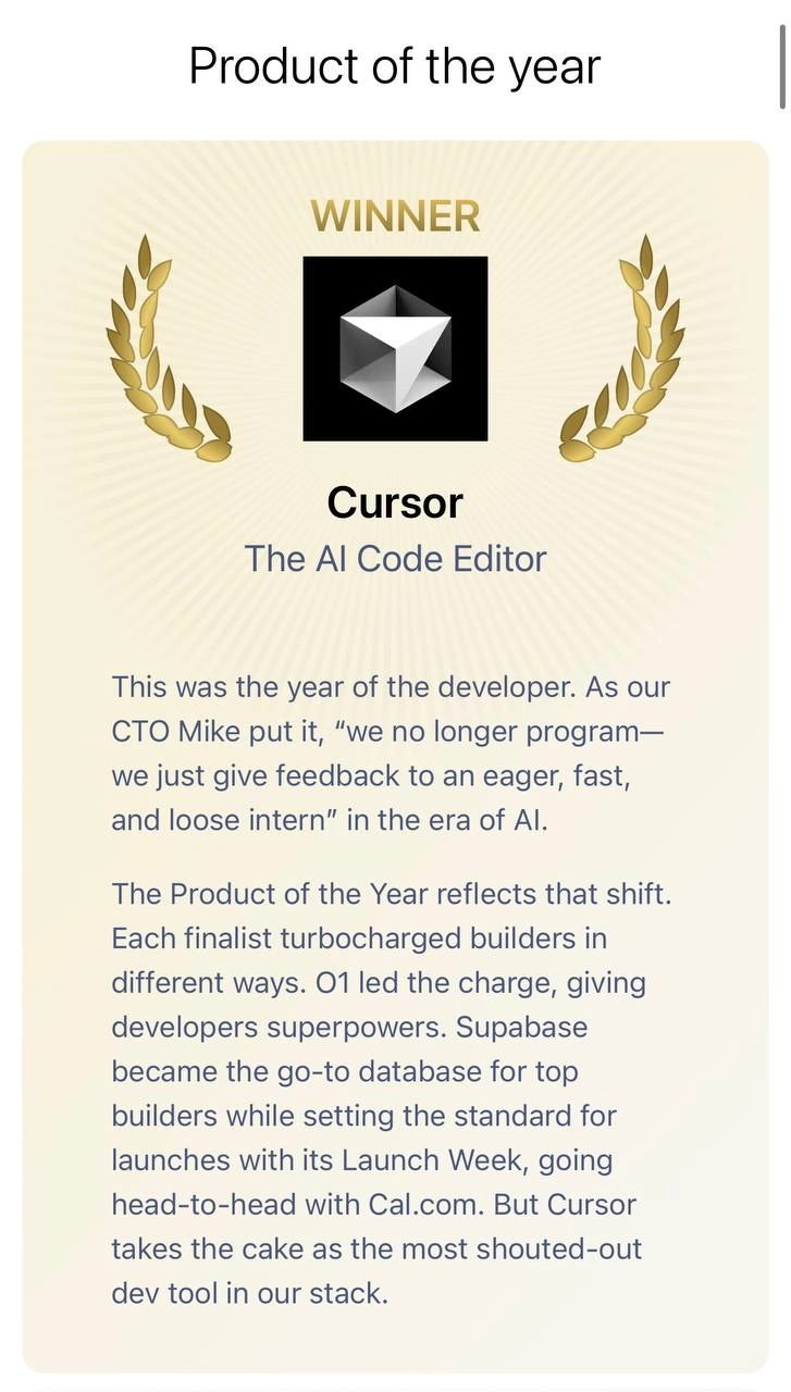 Продуктом года стал Cursor, редактор кода с ИИ.
https://www.cursor.com/?ref=producthunt
Про него чаще всего вижу статьи и туториалы про создание продуктов без знания программирования | Сетка — новая социальная сеть от hh.ru