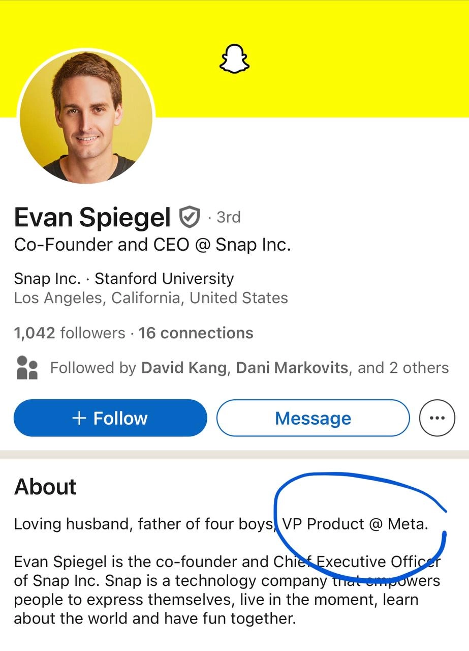 Эван Шпигель, кофаундер Snapchat разработчик самых популярных фичей Инстаграма и Фейсбука, завел себе профиль в Линкедин 🤌
Те, кто не живут в США, могут подумать «а кто-то вообще пользуется Snapchat?»... | Сетка — новая социальная сеть от hh.ru