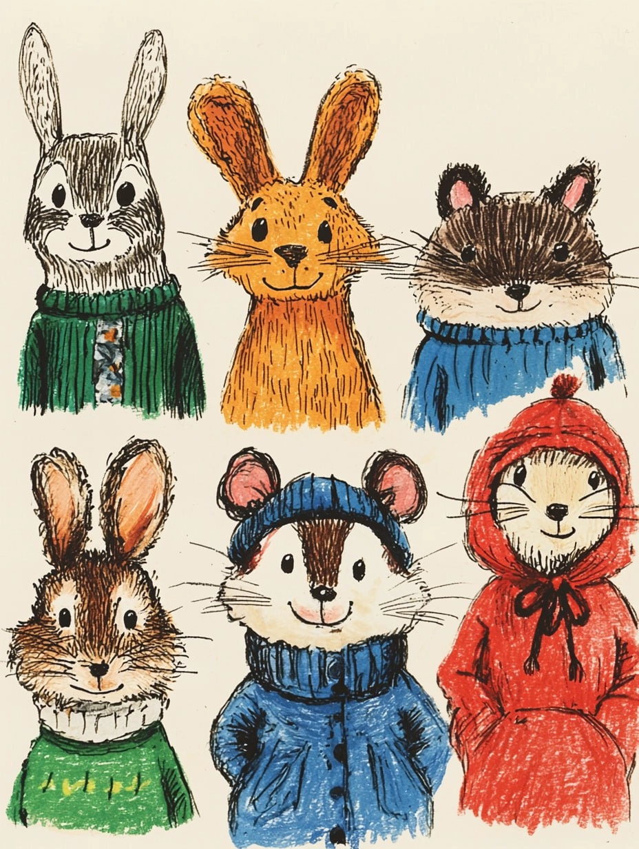 Код SREF для Midjourney ❤️
Prompt:
Thirty cute and smiling dressed animals stand in a line, including a frog, a heron, a rat, a badger, a mole, white background --ar 3:4 --quality 2 --sref 2252558232 ... | Сетка — новая социальная сеть от hh.ru