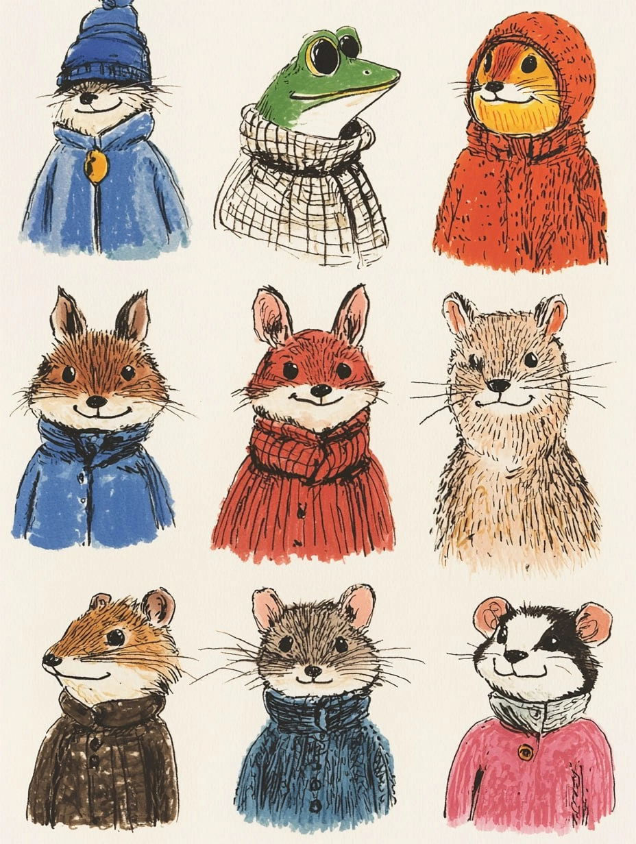 Код SREF для Midjourney ❤️
Prompt:
Thirty cute and smiling dressed animals stand in a line, including a frog, a heron, a rat, a badger, a mole, white background --ar 3:4 --quality 2 --sref 2252558232 ... | Сетка — новая социальная сеть от hh.ru