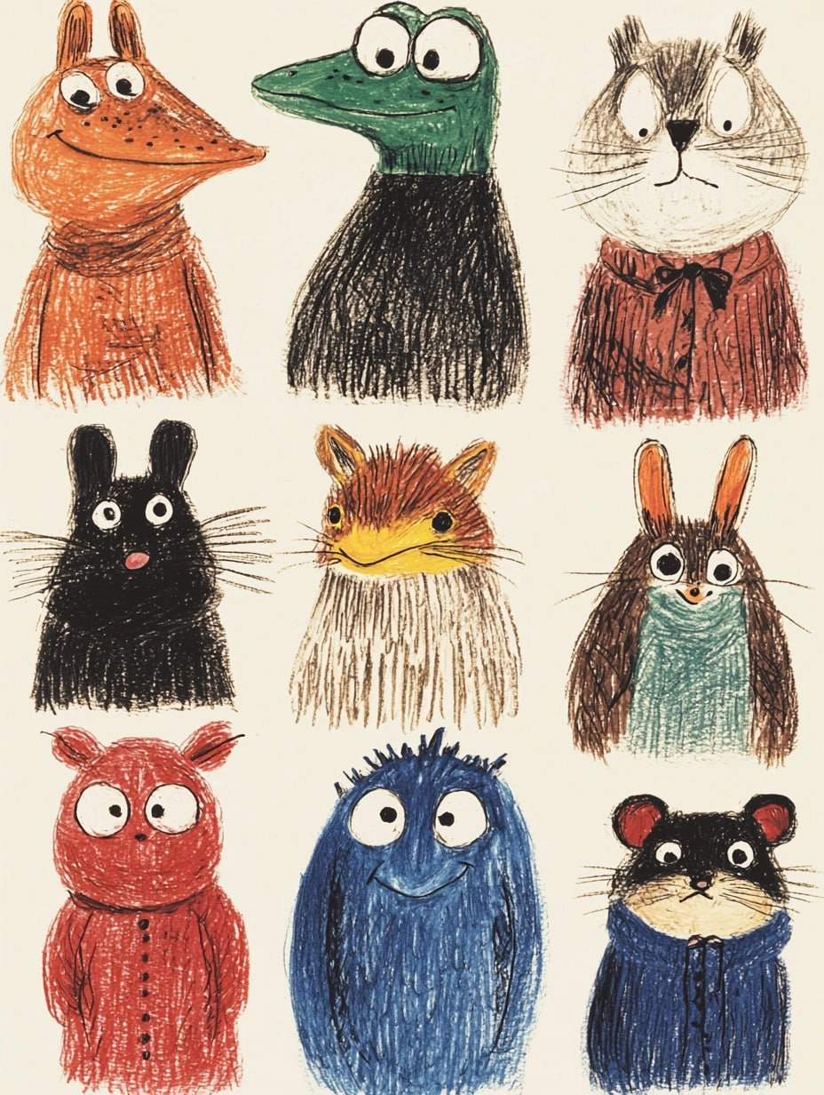 Код SREF для Midjourney ❤️
Prompt:
Thirty cute and smiling dressed animals stand in a line, including a frog, a heron, a rat, a badger, a mole, white background --ar 3:4 --quality 2 --sref 2252558232 ... | Сетка — новая социальная сеть от hh.ru