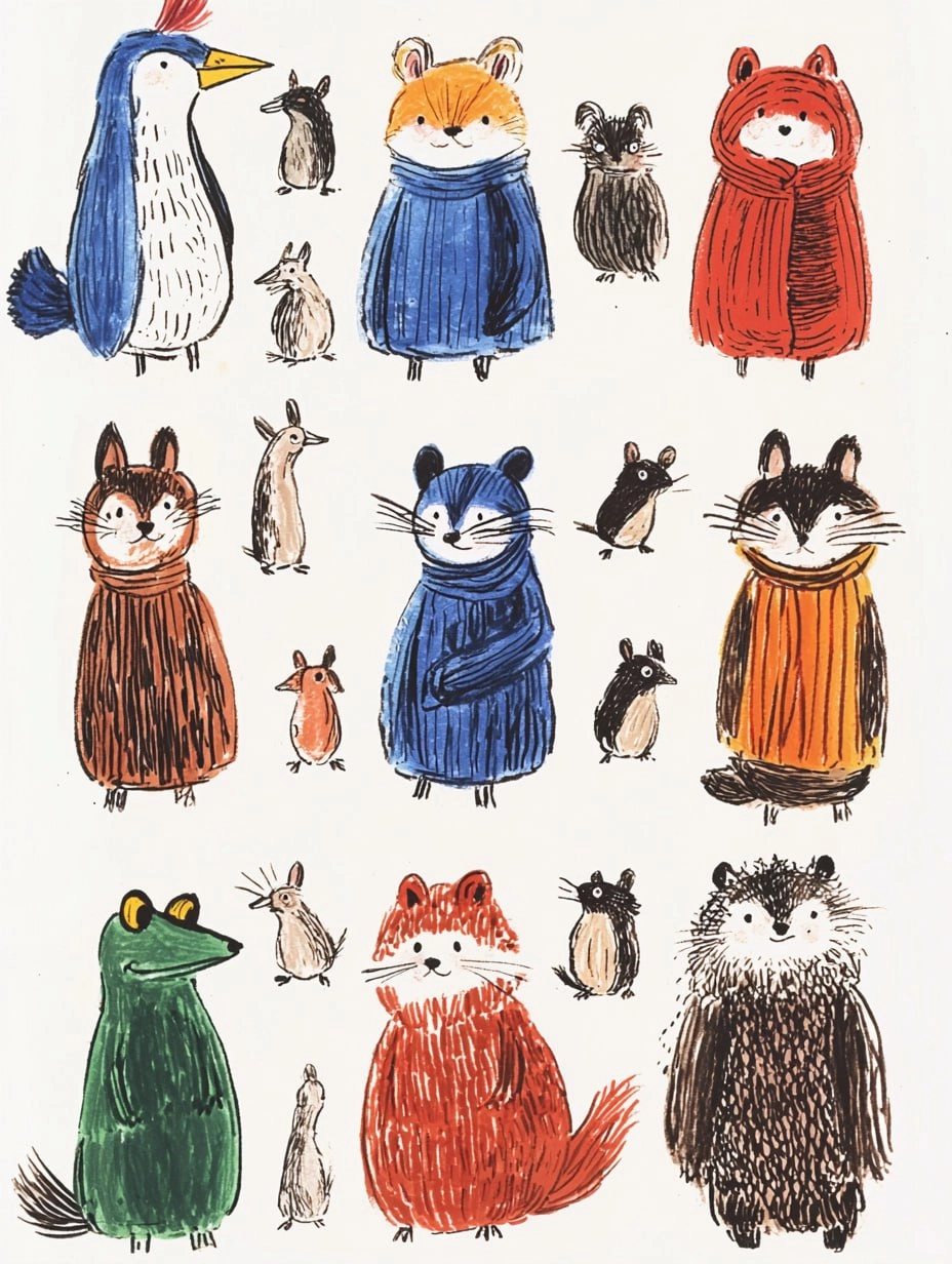 Код SREF для Midjourney ❤️
Prompt:
Thirty cute and smiling dressed animals stand in a line, including a frog, a heron, a rat, a badger, a mole, white background --ar 3:4 --quality 2 --sref 2252558232 ... | Сетка — новая социальная сеть от hh.ru