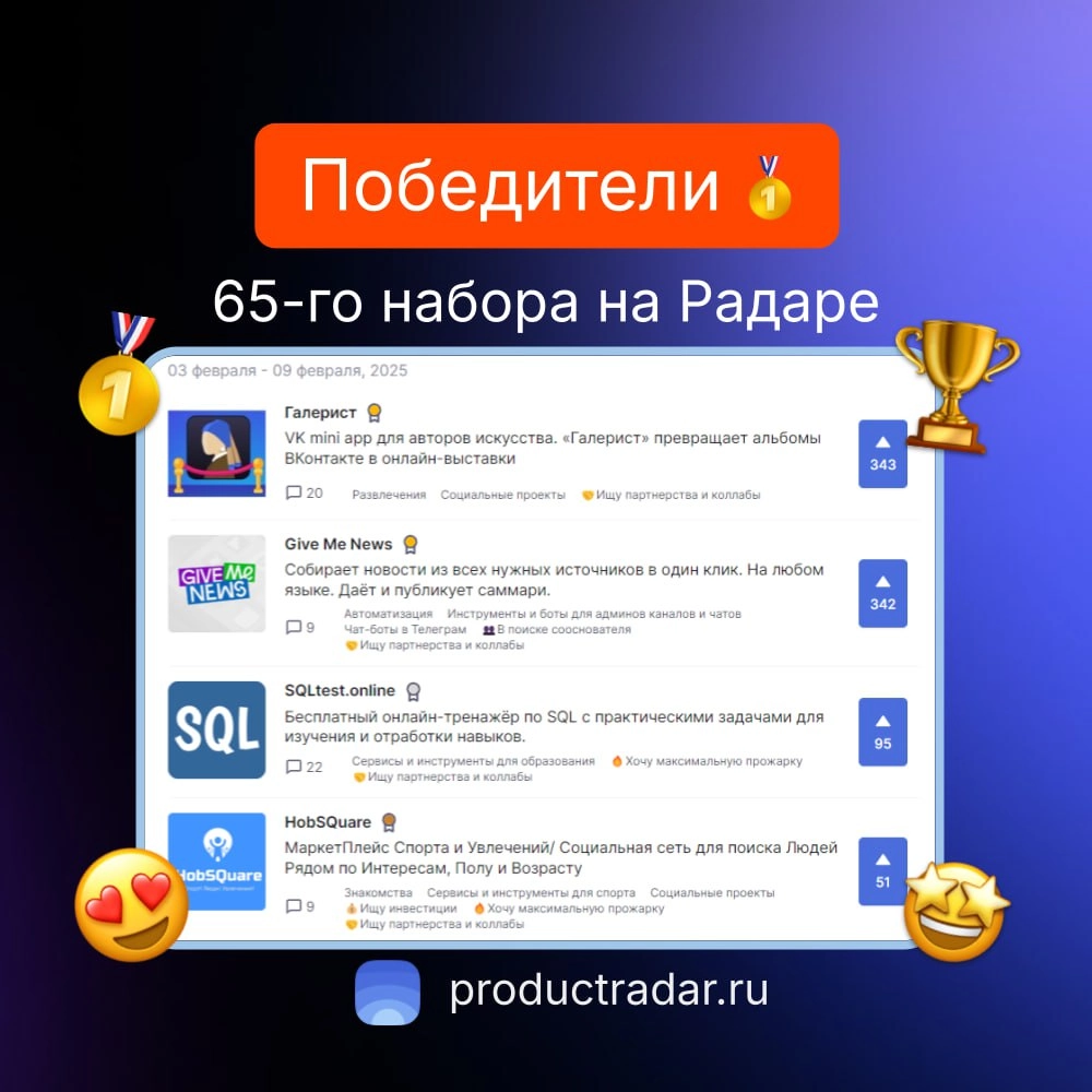 Победители прошлой недели на Радаре
65-й набор
🥇Галерист
VK mini app для авторов искусства. «Галерист» превращает альбомы ВКонтакте в онлайн-выставки | Сетка — новая социальная сеть от hh.ru