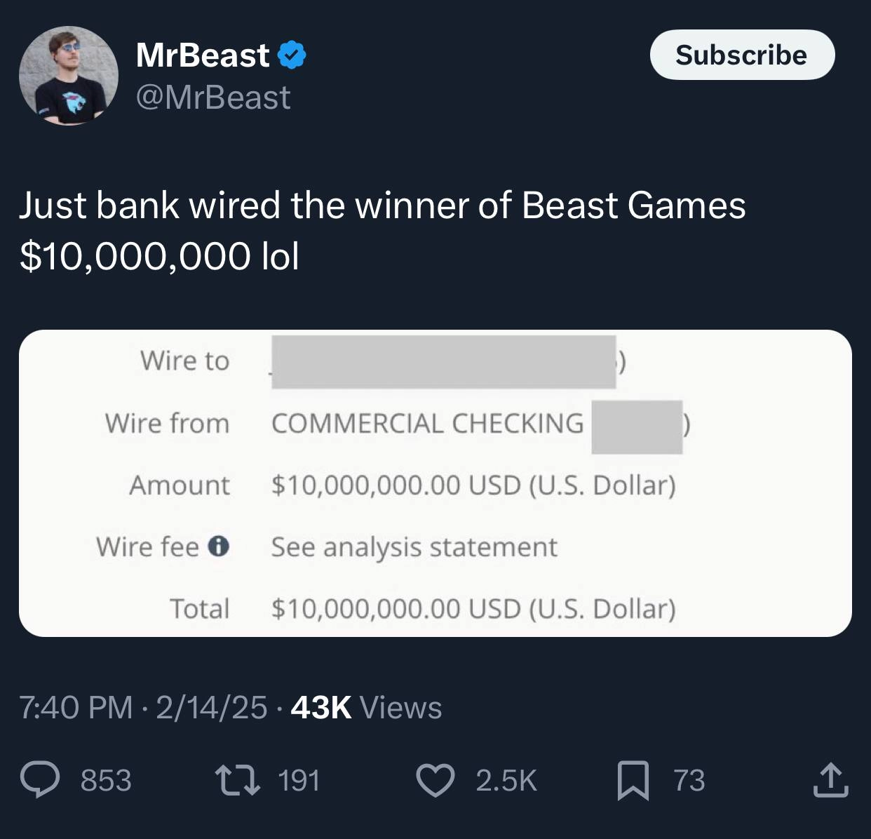 MrBeast только что перевёл $10 миллионов призовых денег победителю его конкурса Beast Games.
Ютубу сегодня как раз исполнилось 20 лет | Сетка — новая социальная сеть от hh.ru